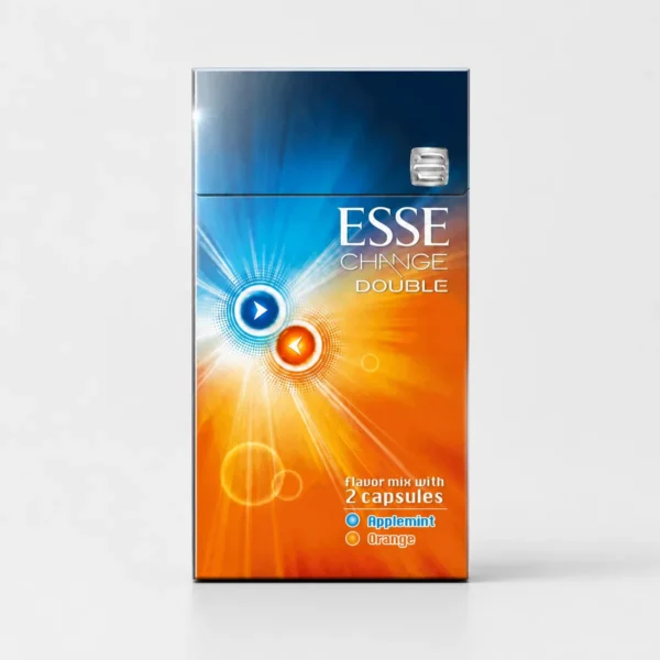 ESSE Change Double Applemint Orange packaging photographed for a product, label, and adult-use facts page