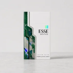 ESSE Menthol Mechanical Green Super Slim packaging photographed for a product, label, and adult-use facts page