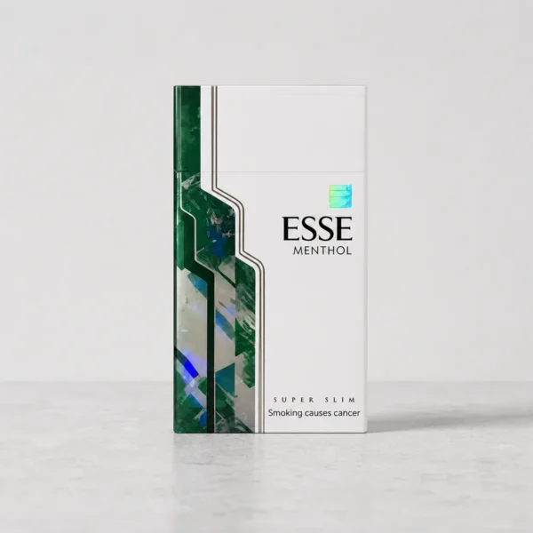 ESSE Menthol Mechanical Green Super Slim packaging photographed for a product, label, and adult-use facts page