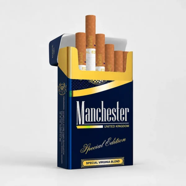 Manchester Blue Special Edition packaging photographed for a product, label, and adult-use facts page