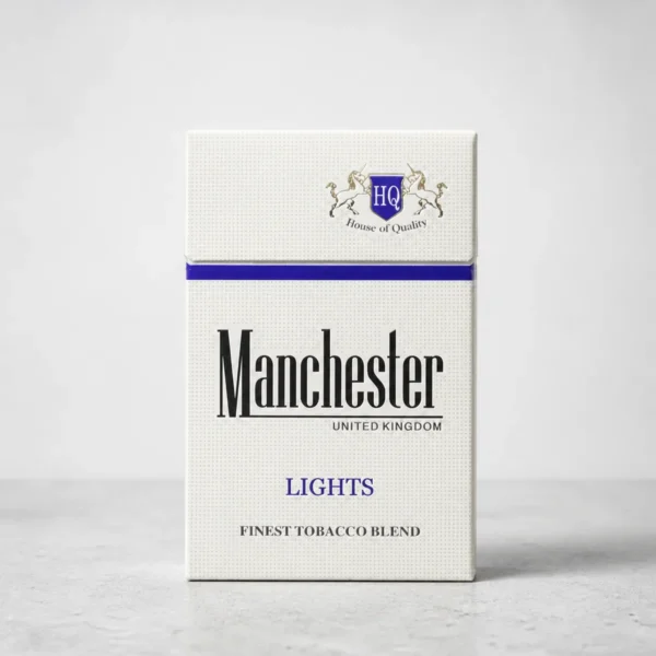 Manchester Light Blue packaging photographed for a product, label, and adult-use facts page