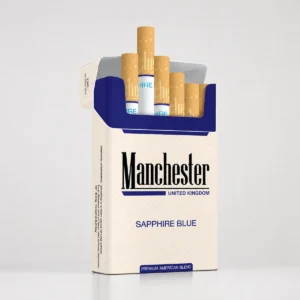 Manchester Sapphire Blue packaging photographed for a product, label, and adult-use facts page