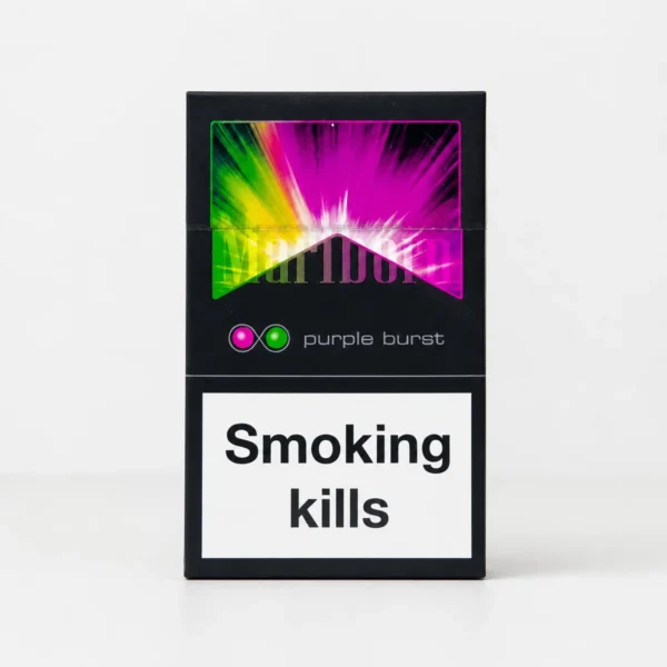 Marlboro Purple Burst packaging photographed for a product, label, and adult-use facts page