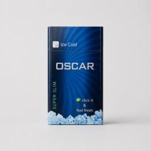 Oscar Super Slim Ice Cold packaging photographed for a product, label, and adult-use facts page